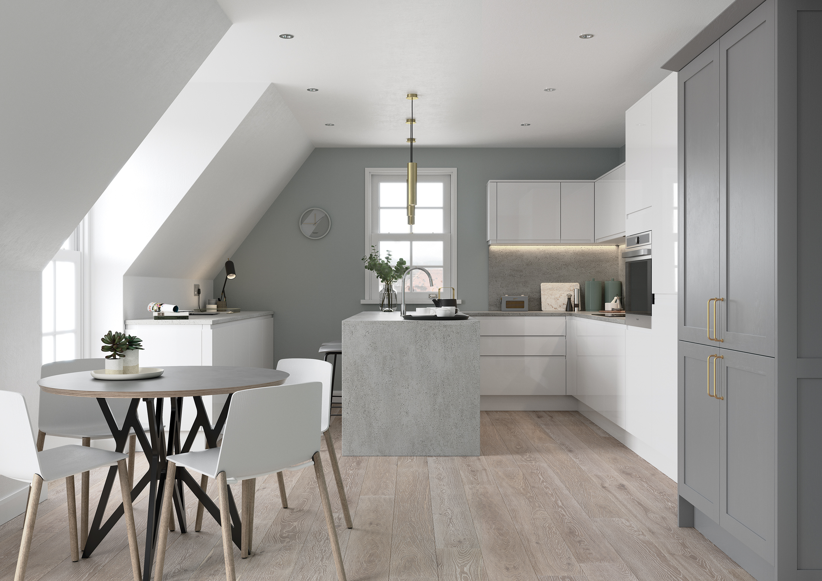 Kitchen Style:  Strada  |  Colour: Gloss White & Aldana Dust Grey